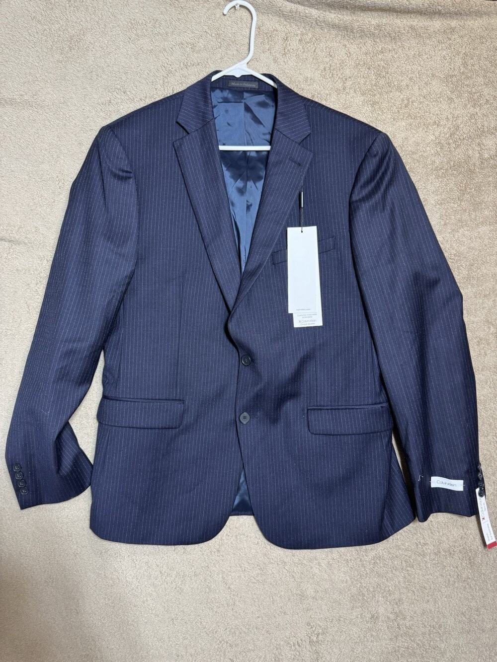 Calvin Klein Men's X Fit Slim Fit Stretch Suit Jacket Wool Blue Striped Size 44R